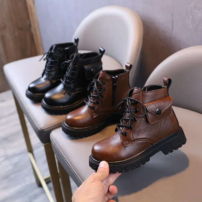 Brown Kids Shoes Retro Classic Punk Style Side Pocket Girls Booties Solid Color Spring New Boys Kids Fashion PU watertight Boots