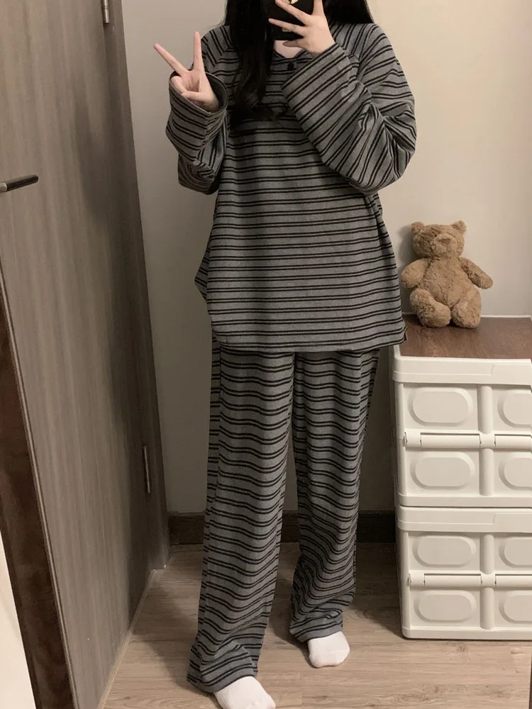 large-size-100kg-striped-pure-cotton-long-sleeved-pajama-set-for-women's-spring-autumn-2024-new-autumn-can-be-worn-externally