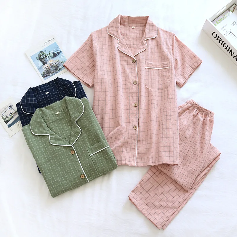 

Cotton Pajama Sets for Women Summer Loungewear Sleepwear Turn-down Pyjama Short Sleeved Home Clothing Pijamas Home Suit