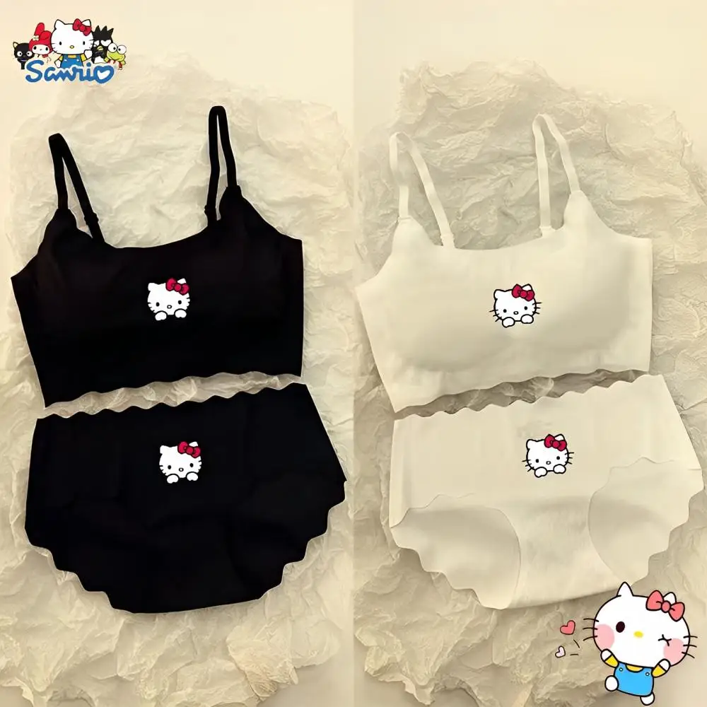 

New Sanrios Hello Kitty Ice Silk Underwear Cartoon Kt Cat Cute Sweet Girl Beauty Back Underwear Traceless Bra Set Birthday Gift