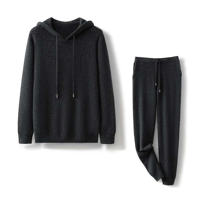 100% pure cashmere men's set, high-end knitted long sleeved pullover, hooded sweater, casual men's pants, cashmere set, new styl