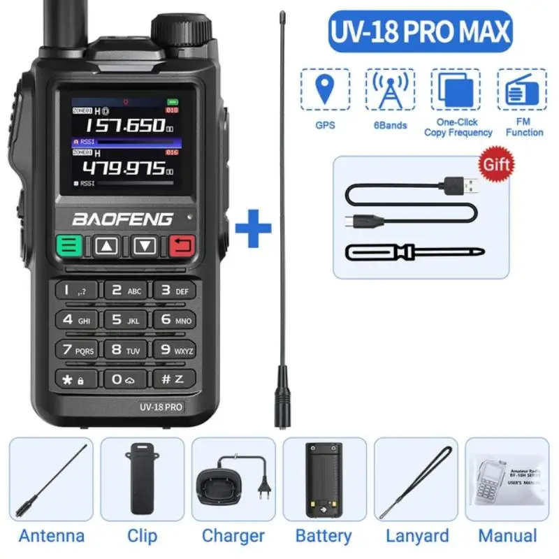 

Baofeng UV18 Pro GPS AM FM Six-Band Walkie Talkie Wireless Copy Frequency 999CH Long Range Type-C UV-G28 Pro Two Way Radio