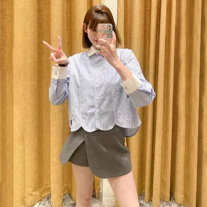 

Women 100% Cotton Blouse Summer New 2024 Long Sleeve Turn-Down Collar Irregular Hem Embroidery Casual Female Stripes Shirt