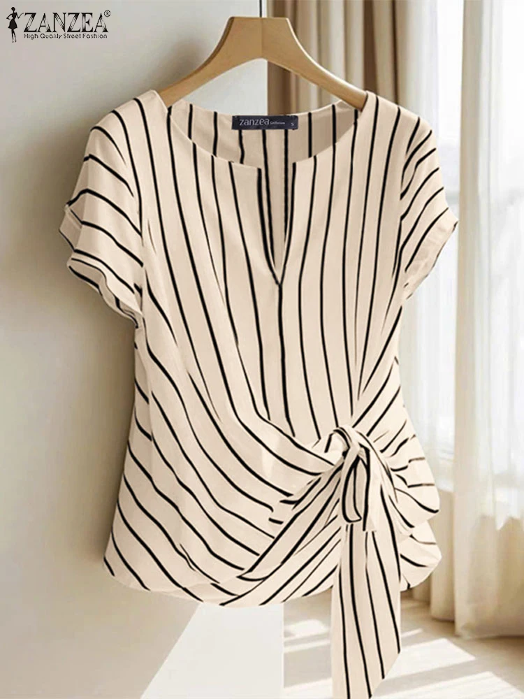 Fashion Stripe Blouse 2025 ZANZEA Summer Women V Neck Short Sleeve Tops Elegant Work OL Shirt Casual Loose Blusas Female Chemise 3