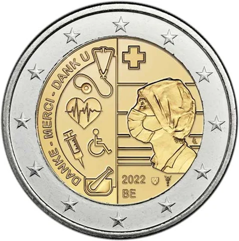 Belgio 2022 Moneta Commemorativa Assistenza Sanitaria 2 Euro Unc Nuova Valuta Nuda