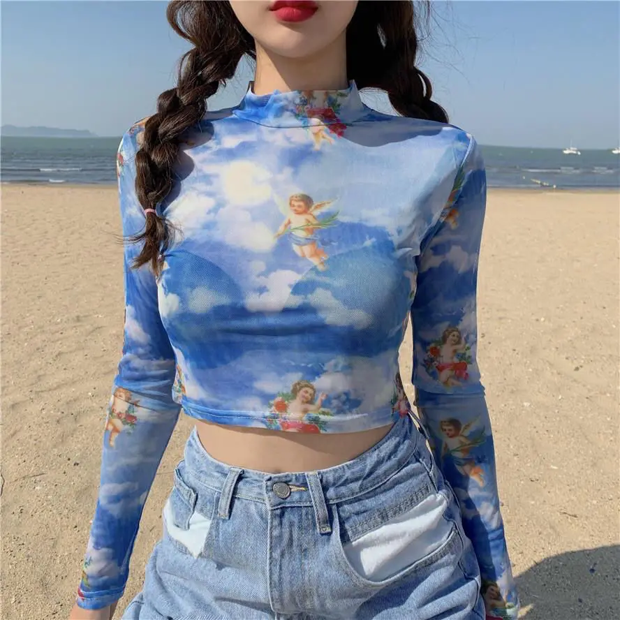 여성용 시스루 투명 메쉬 크롭탑, 시스루 긴팔 쉬어 슬림 터틀넥 블라우스, 패션 엔젤 티, 섹시한 여성 티셔츠