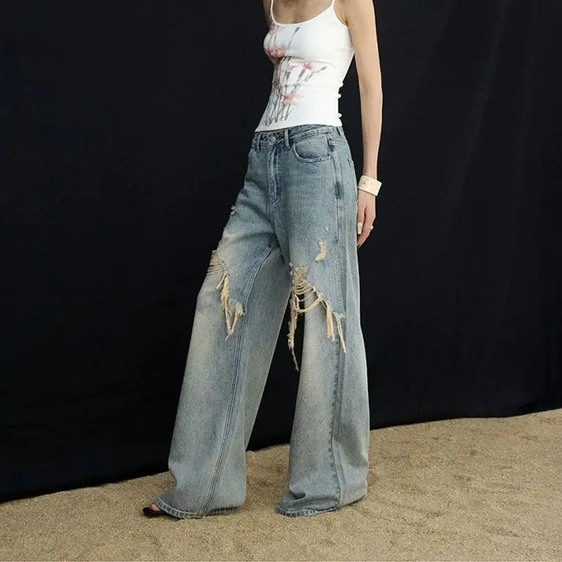 Jean tendance femme printemps-automne, style streetwear, avec empiècements, coupe ample décontractée, jambe large et droite