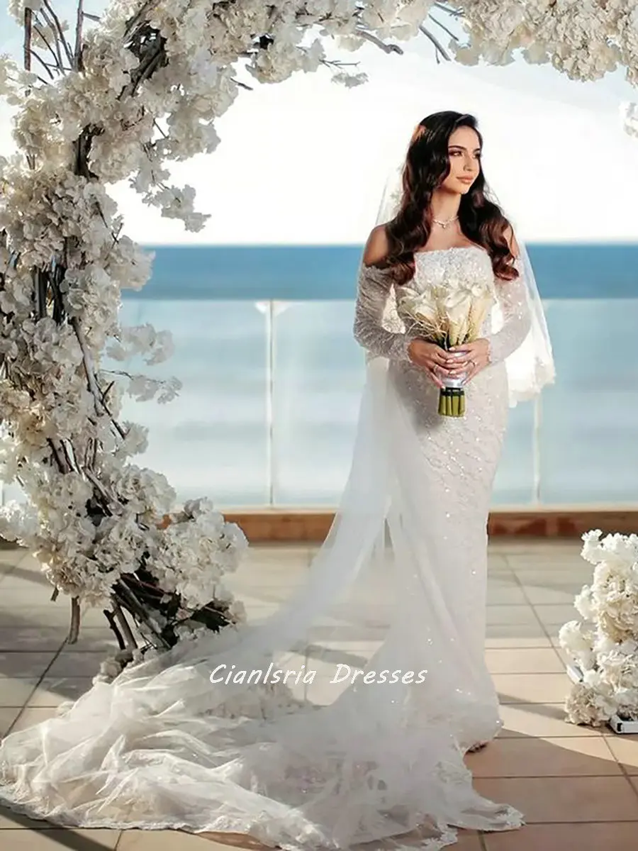 

Элегантное свадебное платье с цветочным кружевом и кристаллами, свадебное платье с юбкой-годе Дубая, с открытыми плечами и длинным рукавом, в стиле Саудовской Аравии