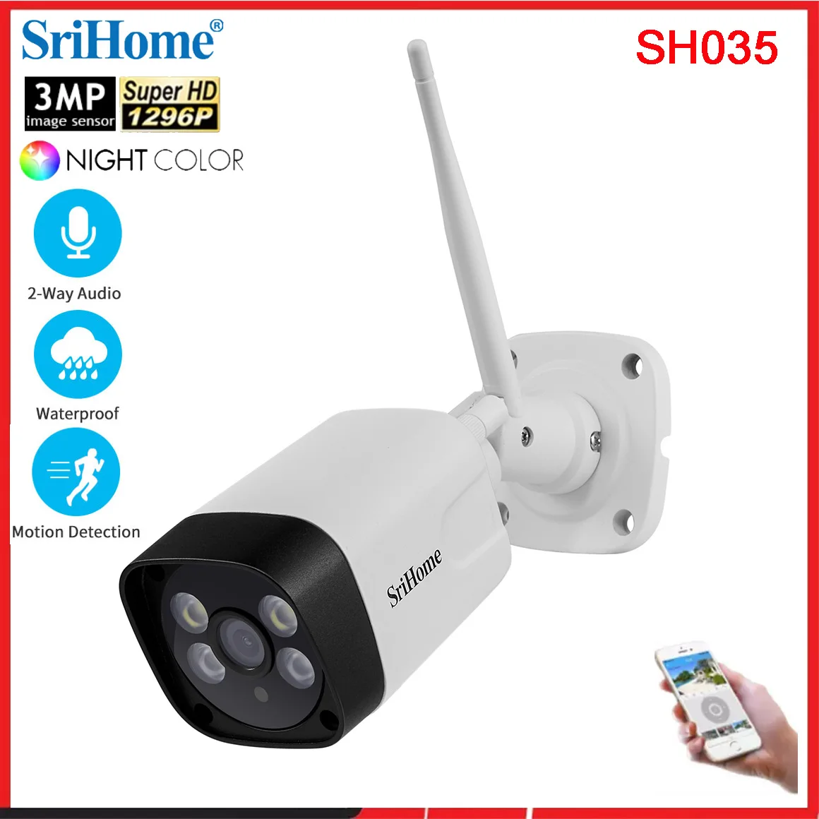 Caméra de Surveillance WiFi Extérieure SriHome SH035 Audio Bidirectionnel et Détection de Mouvement Caméra IP Exterieure 1296P avec Vision Nocturne Couleur IP66 Etanche