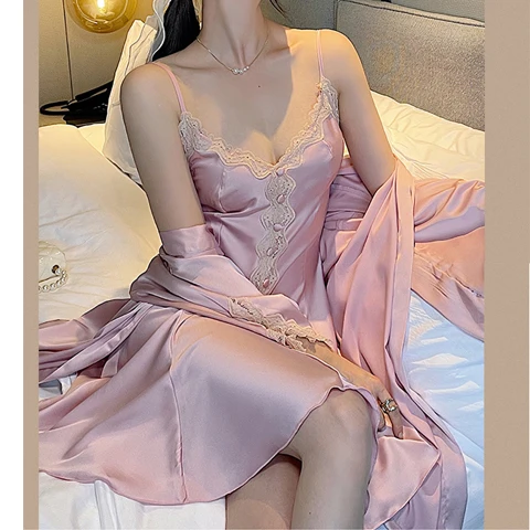 Nightdress nightgown female summer imitation silk consling pyjamas sexy temptation ice silk set