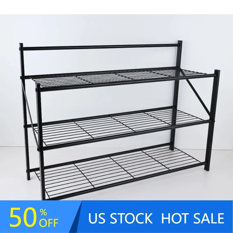 

27" Wide Foldable Metal Shelf / Shoe Rack, Powder Coated Black Paint & 3 Tiers