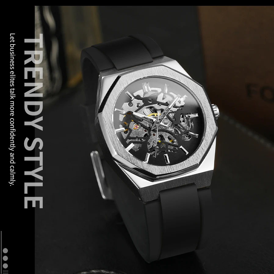Luxury Brands FORSINING Original Factory Octagon Silver Steel Skeleton Mechanical Mens Watch Automatic Movement Clockwork Rubber