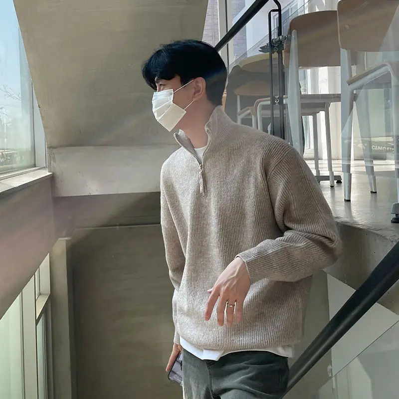 High Street Sweater Simple Casual Half Zipper Men New Korean Chic Solid Color Turn-down Collar Harajuku Fashion Basic Pullovers 3