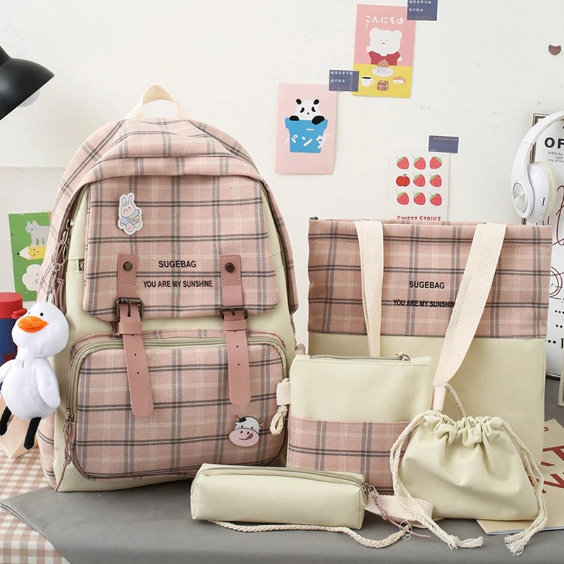 

5 Pcs Fashion Lattice Backpack Korean Version Casual Large Capacity Student Schoolbags Cute Girl Handbags Pencil Case Phone Bags