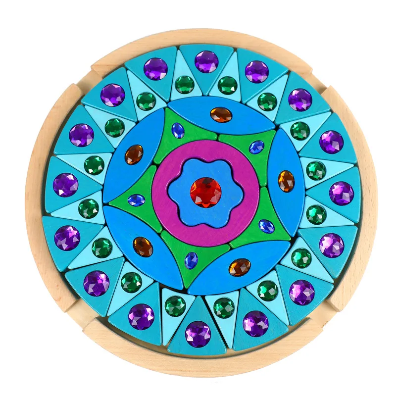 Wooden Mandala Diamond Bricks Creative Building Color Cognition Kids Early Education Educational Toys Gems Blocks Rainbow