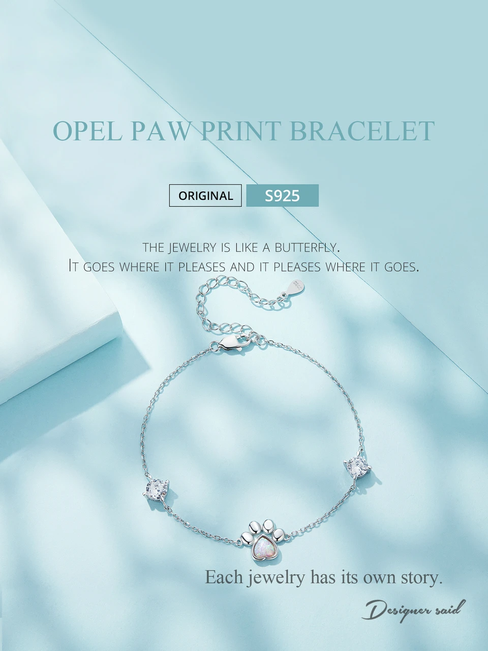 Sterling Silver Cut White Opal Cat Dog Paw Charm Bracelet For Women Fine Jewelry - PeticaDeals