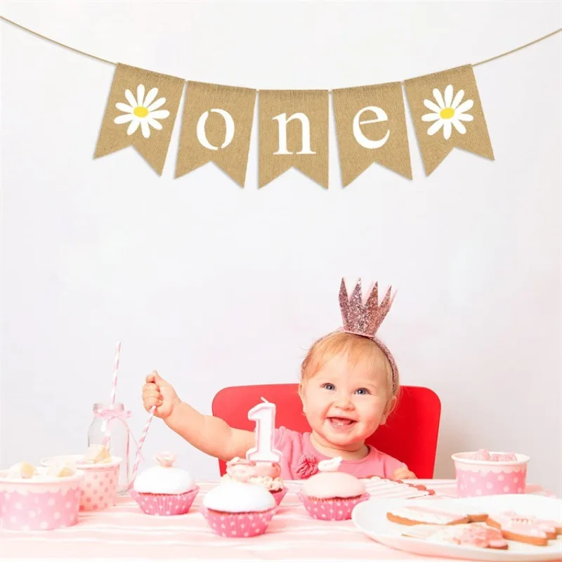 Sweet Daisy Burlap ONE Garland Girl First 1st Birthday Highchair Banner Photo Props for Birthday Baby Shower Party Decoration party decorations birthday banner