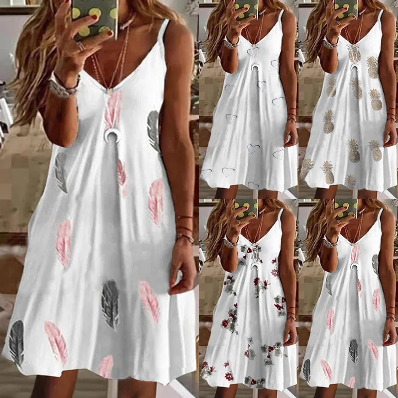 

Women Slip Dress Summer V Neck Sleeveless Feather Pineapple Hearted Floral Print Loose Party Vestidos S-5XL Oversized Mini Robe