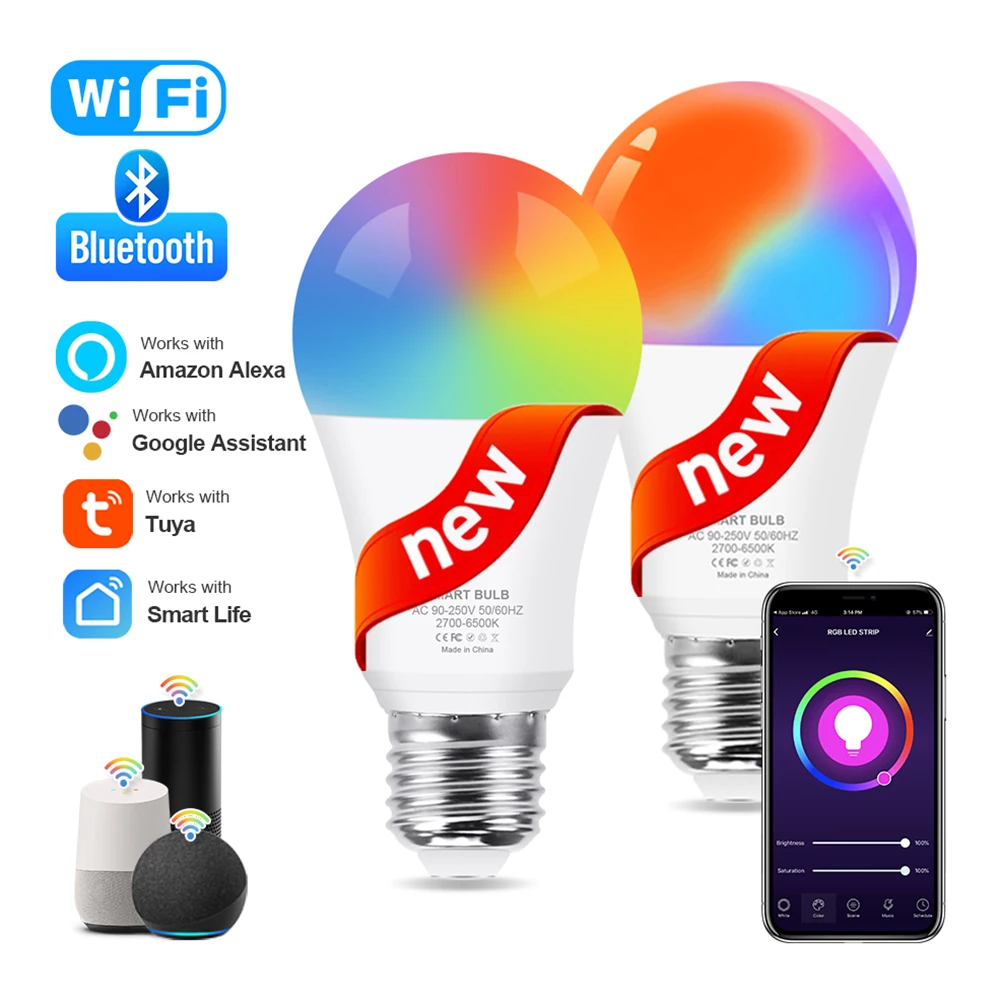 E27 LED مصباح ذكي بلوتوث 4.0 واي فاي تويا APP التح...