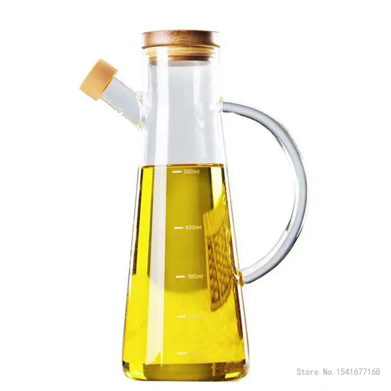 High Borosilicate Heat-Resistant Glass Oil Bottle Measuring Scale Leakproof Bamboo Cover Household vinegar soy sauce, Oil Bottle