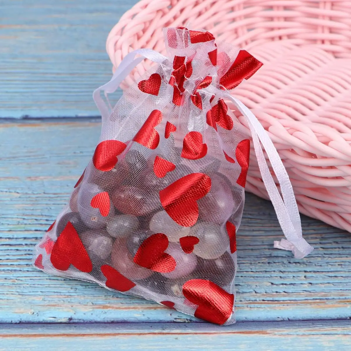 10/25Pcs 8x10cm 9x12cm Heart Printing Drawstring Organza Bags Jewelry Candy Packaging Bags Wedding Party Gifts Pouches