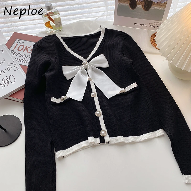 Neploe V넥 나비 매듭 장식, 귀여운 여성 스웨터, 한국 스타일 짧은 니트 가디건, 진주 단추 니트 상의, 가을 2024