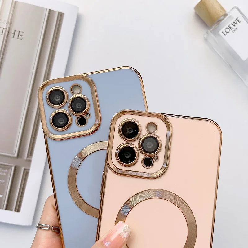 Plating Frame Phone Case iPhone 13 12 11 Pro Max 14 Plus For Magsafe Magnetic Wireless Charging Lens Protective_voghion.com