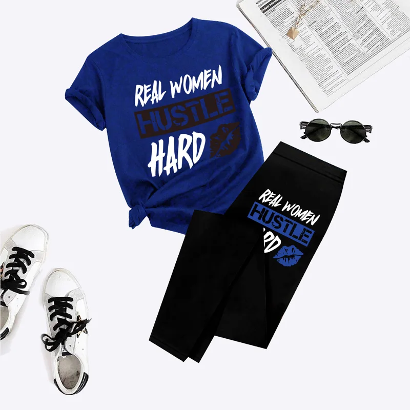 2024 summer women's hot trend letter print short-sleeved T-shirt trousers two-piece outdoor sports running exercise