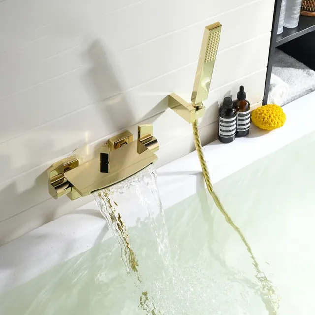 อ่างอาบน้ำชุดฝักบัวติดผนังห้องน้ำคู่แปรง Gold Waterfall ก๊อกน้ำอ่างอาบน้ำทองเหลืองหล่อน้ำ 5