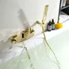 Bathtub Shower Set Wall Mounted Bathroom Double Handle Brush Gold Waterfall Bathtub Faucet Solid Brass Casted Water Saving 5