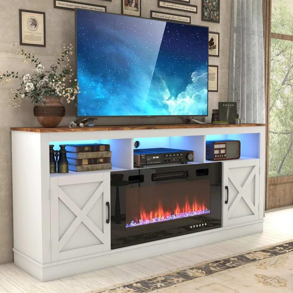 Farmhouse Fireplace TV Stand for 70/75/80 Inch TV, 32”Tall Entertainment Center w/ 36”Electric Fireplace & LED Light, 70”Media C 3