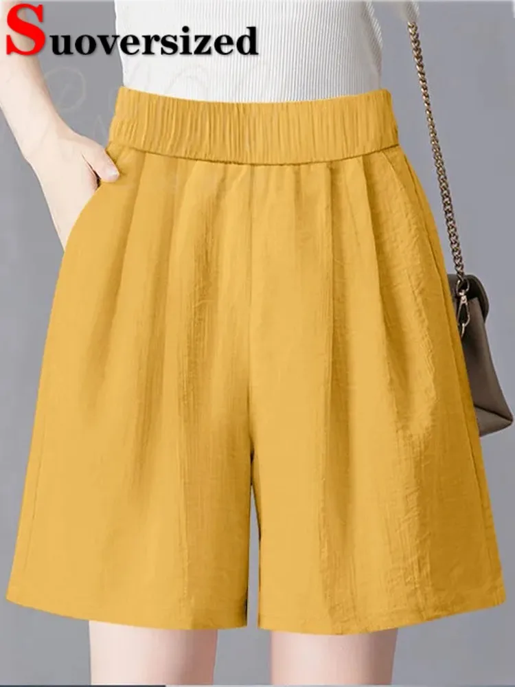 Pantaloncini Di Lino Di Cotone Larghi A Vita Alta Estate Donna Nuovi Pantaloni Di Seta Di Ghiaccio Casual Cortos Fashion Candy Color Szorty 2023