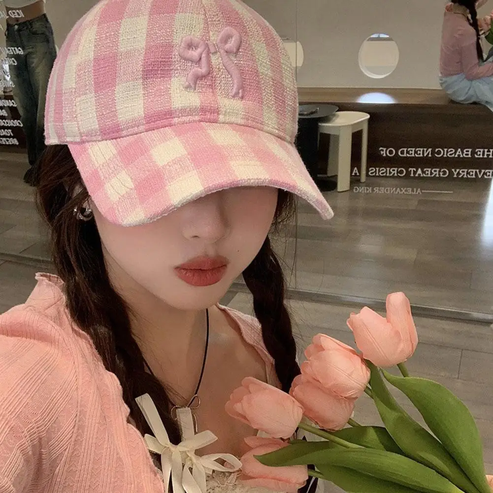 Korean Sweet Bowknot Embroidery Baseball Caps Women Girl Cute Pink Hat Outdoor Sun Visor Hats Adjustable Plaid Sunscreen Cap