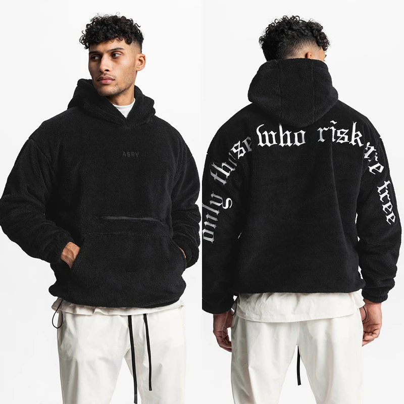

Fall Trend Letter Embroidery Fleece Hoodie Men Leisure Long Sleeve Drawstring Wool Hooded Sweatshirt Mens New Fashion Streetwear