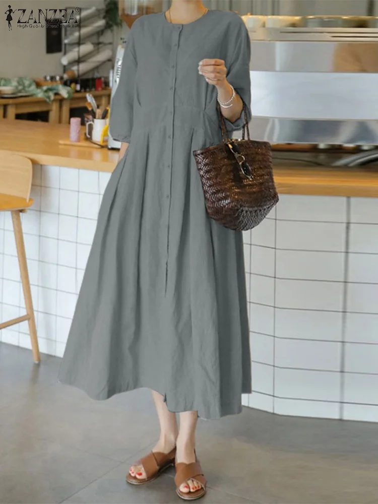 

ZANZEA Female Casual Sundress Summer A Line Stylish Dress Puff Sleeve O-Neck Solid Women's Dresses Elegant Loose Robe Oversized