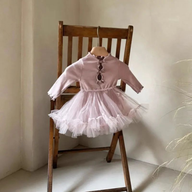 Cute Baby Girls Solid Color Bodysuit Dress