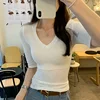 الملابس النسائية الكورية موضة الأبيض تي شيرت للنساء قصيرة الأكمام بلايز عادية الأساسية الخامس الرقبة تي شيرت فام 2025 الصيف