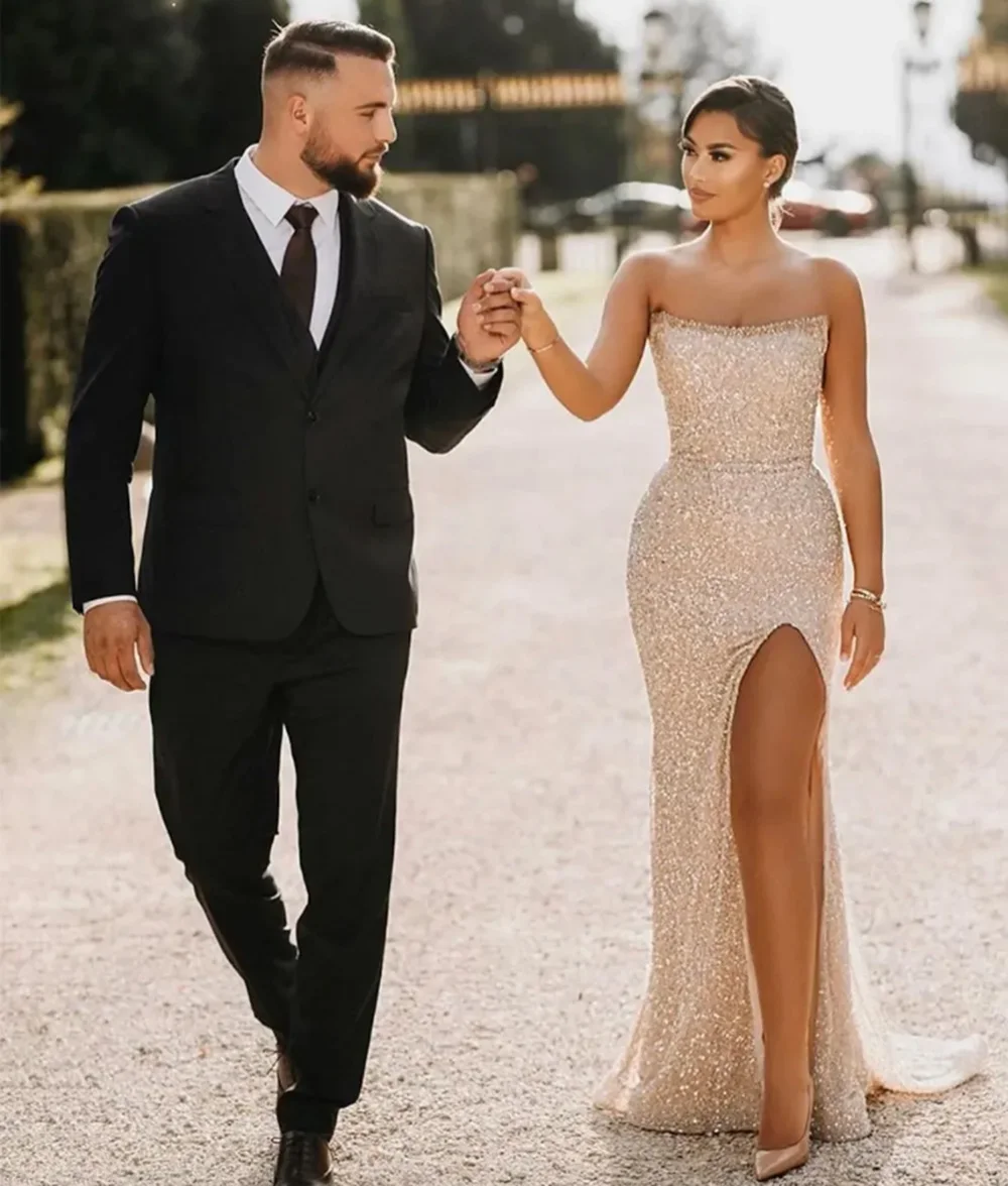 

Sexy Mermaid Prom Party Gown Strapless Floor-Length Sweep Train Sequined long Backless Thigh-High Slits Custom