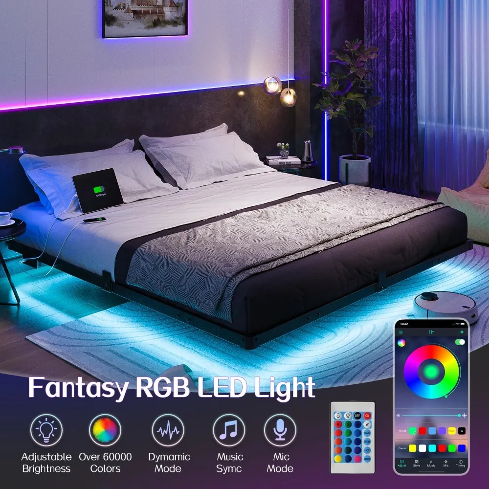 King Size Bed Frame, with LED Lights, USB Charging Station, Noise-Free, No Box Spring Needed, Bed Frame 2