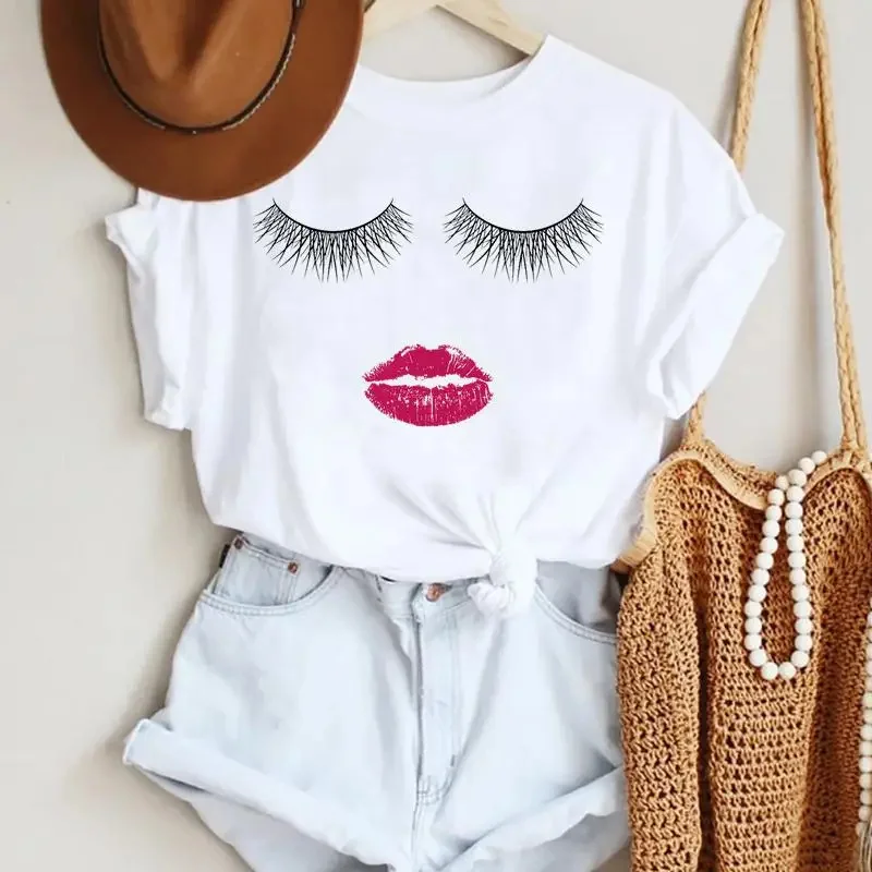 

2023 New Women Make Up Letter Funny New Eye Eyelash Fashion Cartoon Summer Lady Print Tees Stylish T Top Tshirts Clothes T-Shirt
