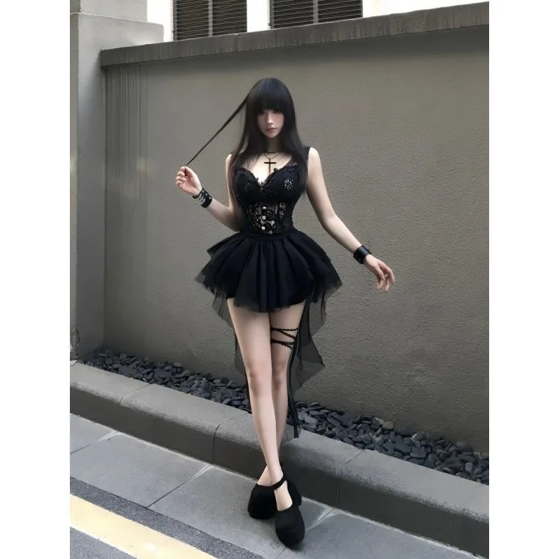 Sexy Lace Crop Top And Me Skirt Set Bla Gothic Sle ort Sve V-Ne Two-Piece Women's Faion Summer Outfit