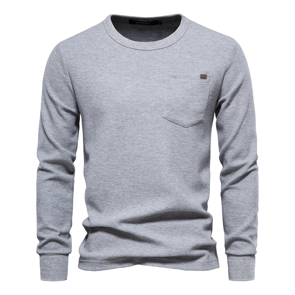 Men's Waffle Knit Long Sleeve Cotton T-Shirt - Solid Color with Single Pocket