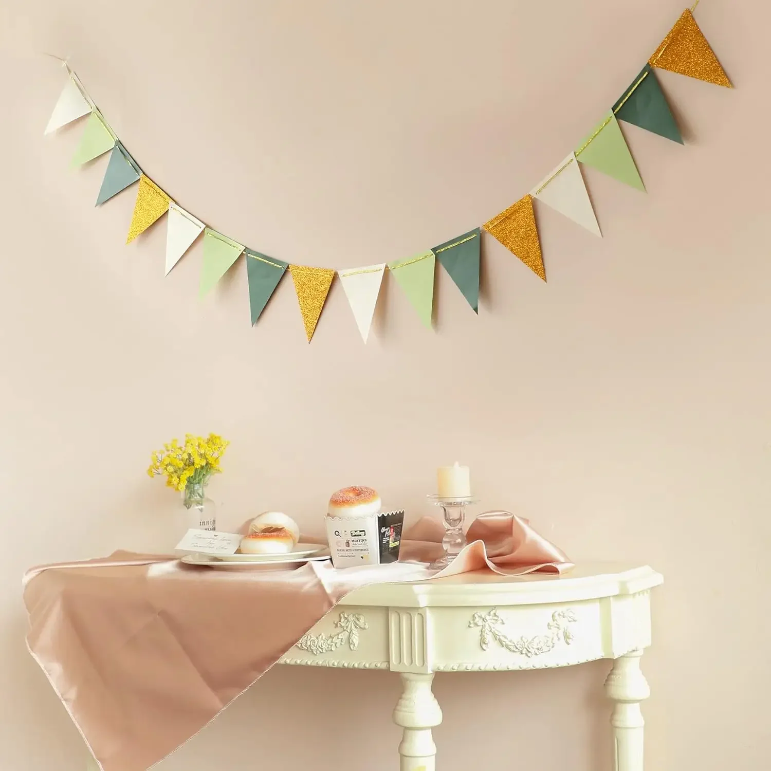 16 pcs Large Gold Green(10 Feet) Paper Triangle Flags Bunting Greenery Shower Wedding Nursery Classroom Birthday Party burlap linen bunting flags,triangular flags,paper garland,party decorations