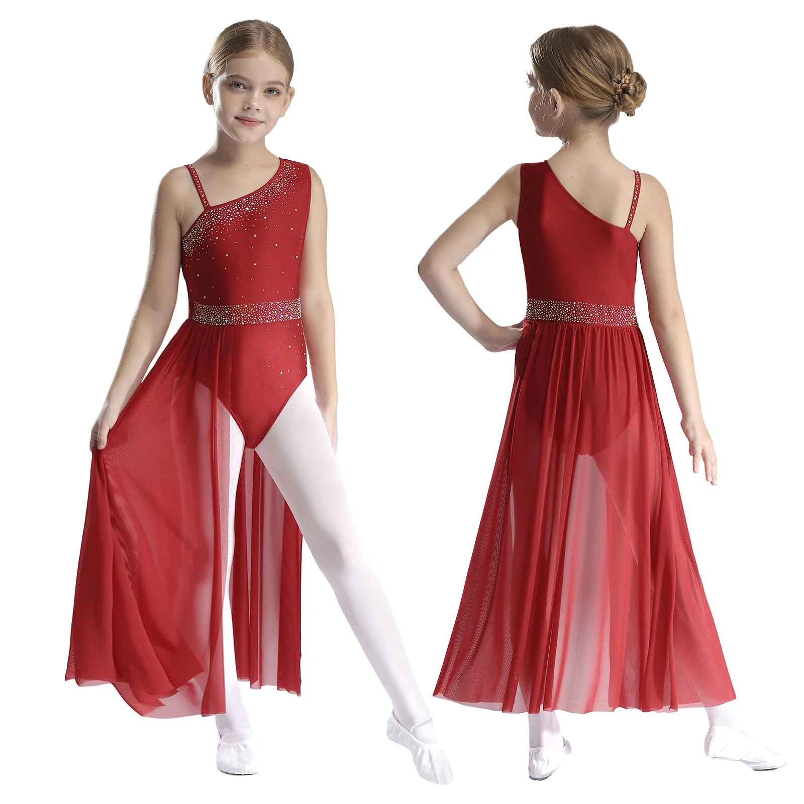 Modernes Lyrisches Tanzkleid für Mädchen, Ballett-Gymnastik-Aufführungskostüm mit Strass, Seitenschlitz und Transparentem Netzstoff – Detail 3