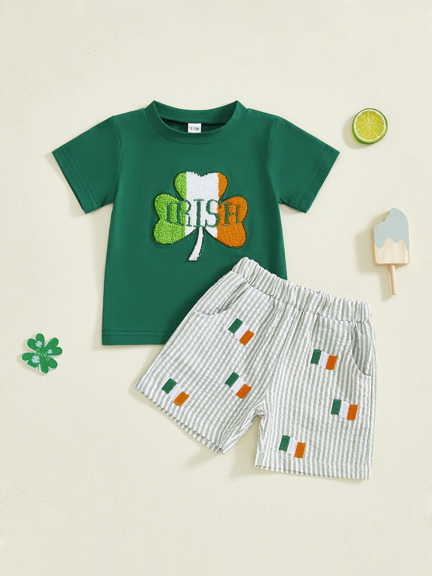 Boys St Patrick s Day 2 Piece Outfits Short Sleeve Crew Neck Letter Shamrock Embroidery Tops and Striped Shorts Set for Irish