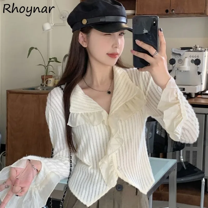 Solid Striped Shirt Women Single Breasted Long Flare Sleeve V-neck Lace Decoration Loose Slim Sweet Korean Style Ruffles Design