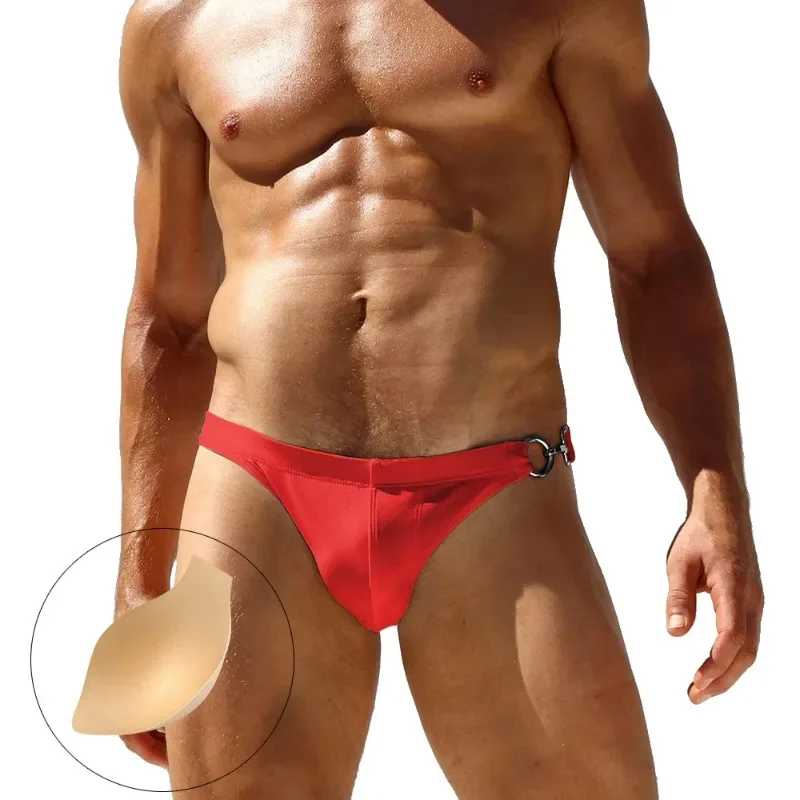 Fashion Unilateral Metal Buckle Swimwear Men Sexy Swimming Trunks Sport Board Beach Shorts Swimsuit Surfing Bathing Suits