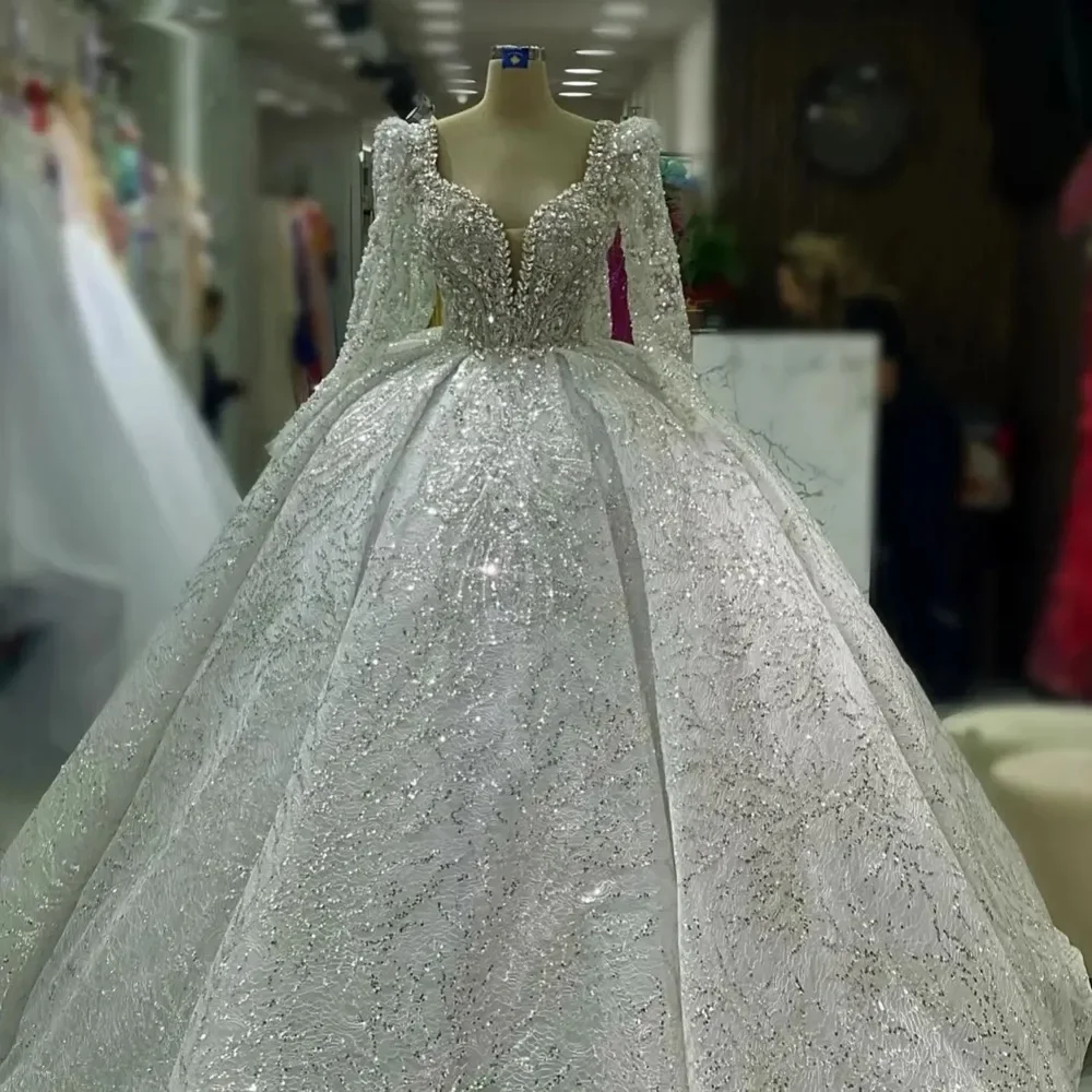 Customized Luxury Lace Beaded Crystals Wedding Dresses Long Sleeve Muslim Bridal Dresses Robes Ball Gown Vestidos de novia