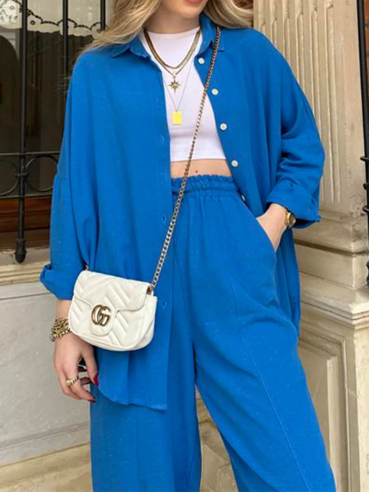 Fashion Trouser Suit Women 2023 Spring Summer Fashion Casual Long-sleeved  Shirt Two Piece Set Loose Wide Pants 2 Piece Set - Pant Sets - AliExpress