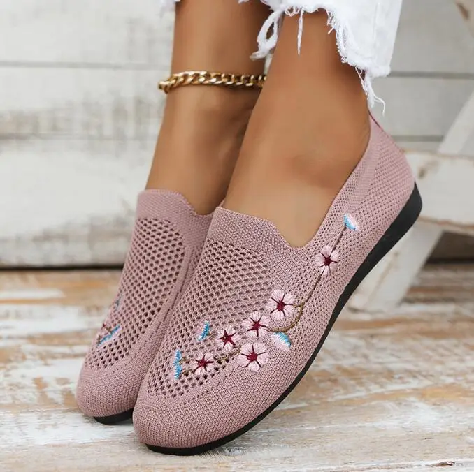 

Женские Дышащие вязаные кроссовки, мягкие туфли на плоской подошве, без шнуровки, повседневная обувь в китайском стиле с цветами, лето